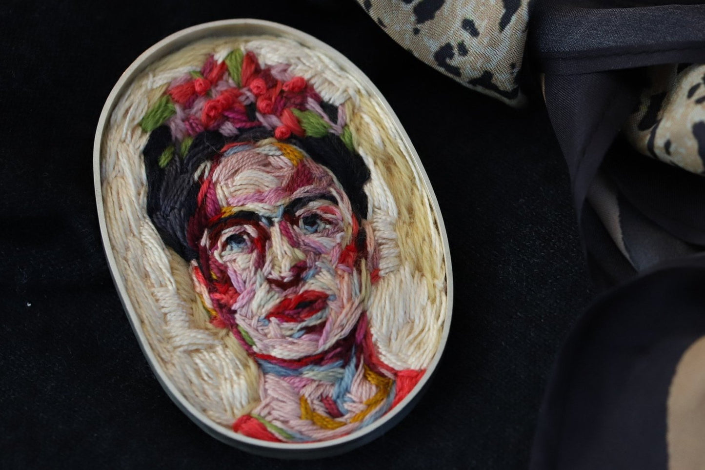 Frida stitched & silver brooch